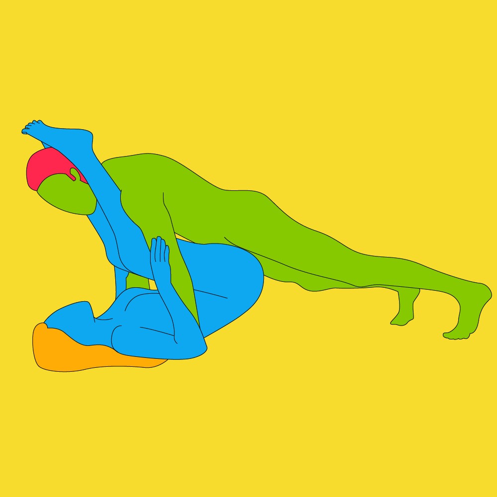 Couple performing a athletic-level sex position together.